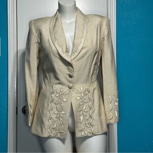 ANYA 100% Silk Shantung Cream Beaded & Embroidered Women's Blazer 90s Vintage 10